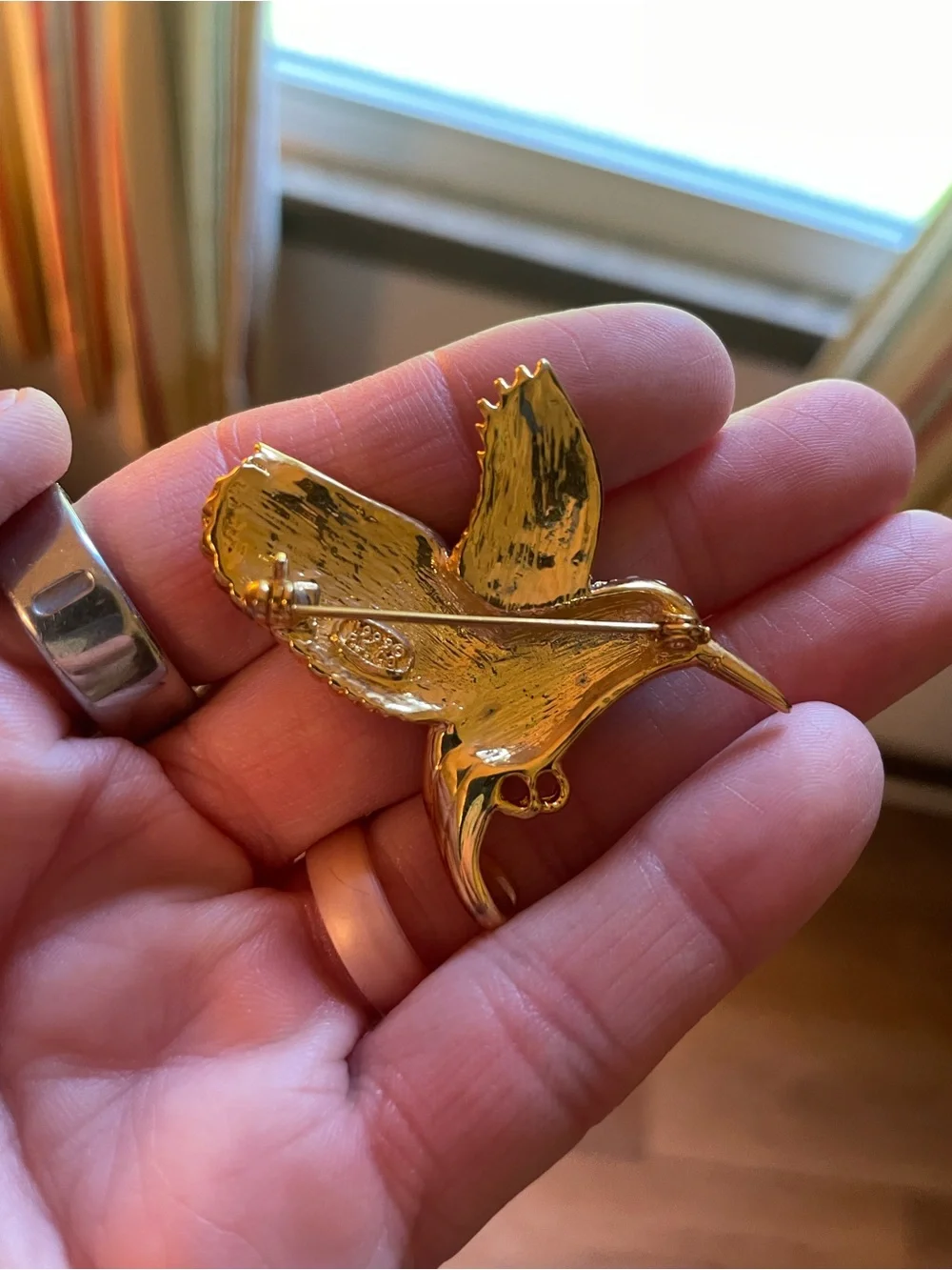Gold Tone Blue & Clear Crystal Hummingbird Brooch - Brand Unspecified